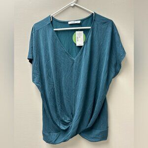 Ricki’s Women’s Short Sleeve Teal V-Neck with Front Knot Tie